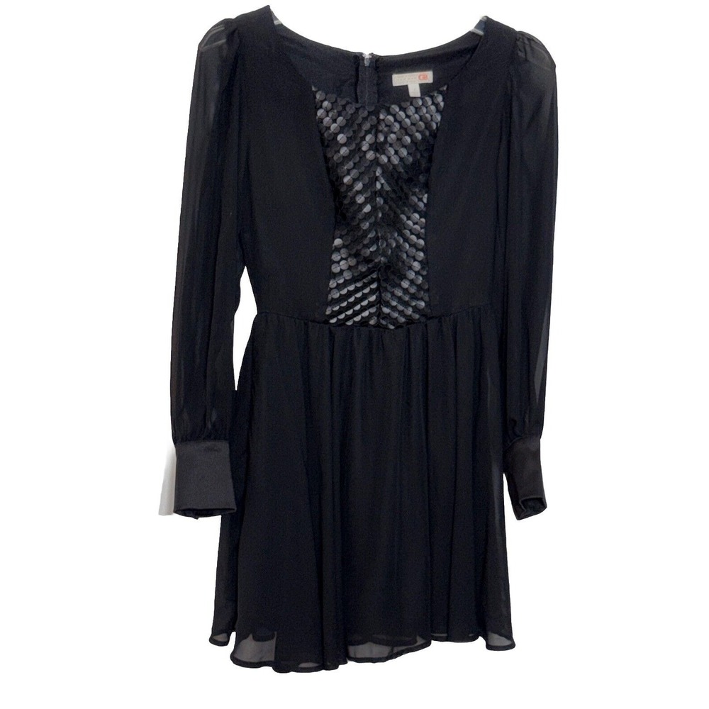 EUC Gianni Bini Black Chiffon‎ Long Sleeve Dress Sequin Bodice Size 1